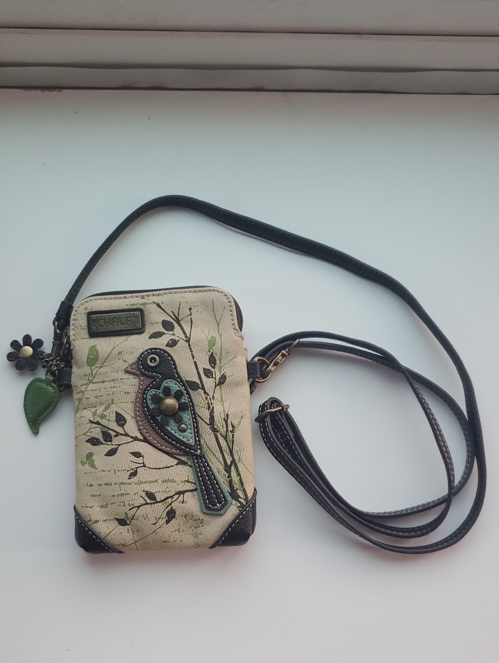 Chala Beige Crossbody with Bird Applique and Dark Brown Trim